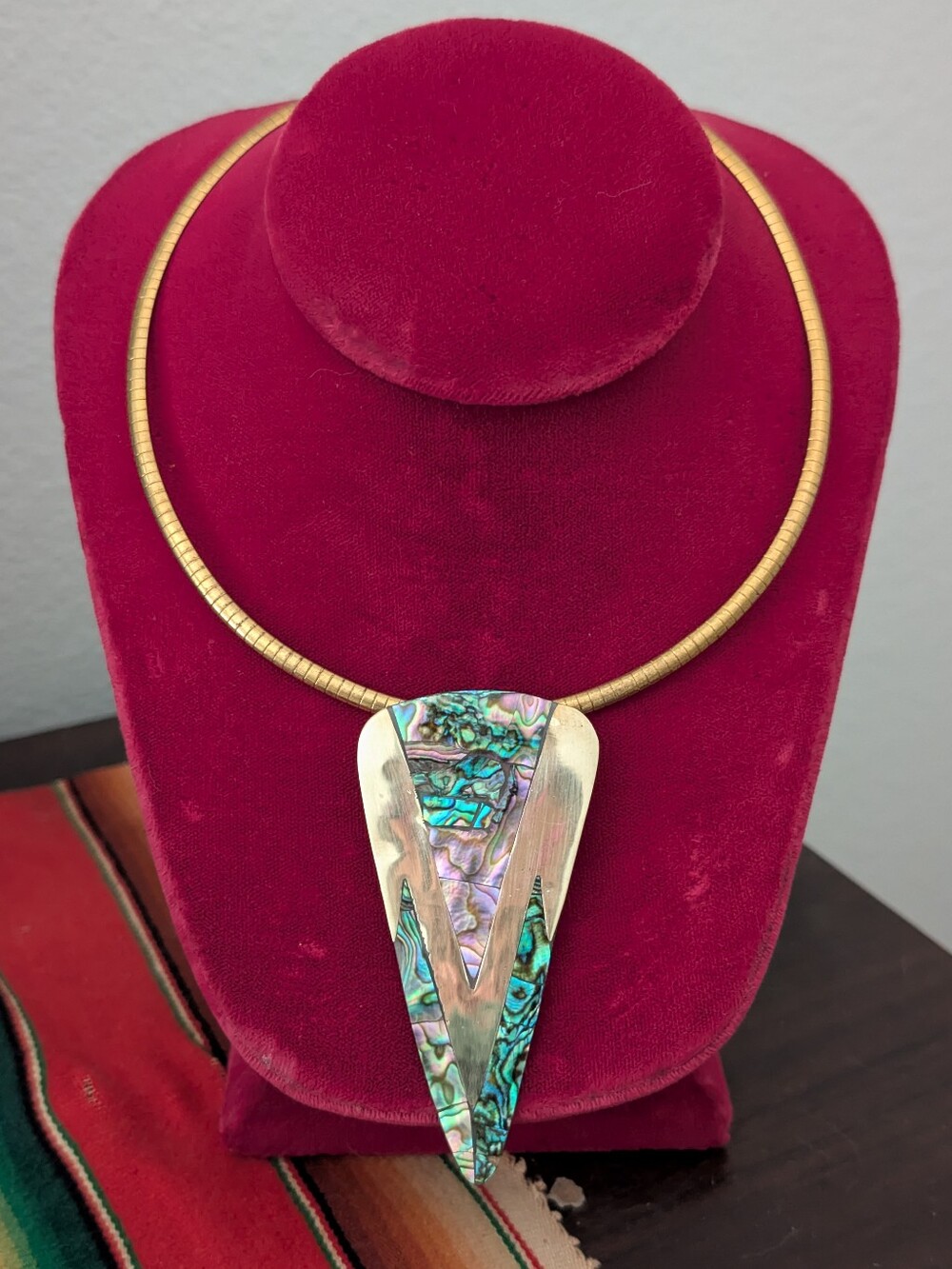 1970's Abalone Inlay Brass Pendant/Brooch Necklace - Women Jewelry